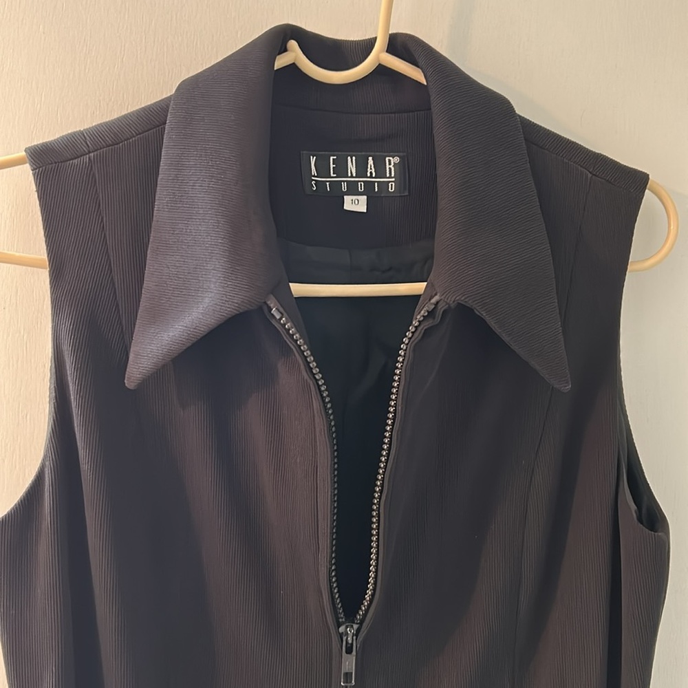 KENAR STUDIO Zip Front Black Vest - Side Pockets and Fake Buckle detail.